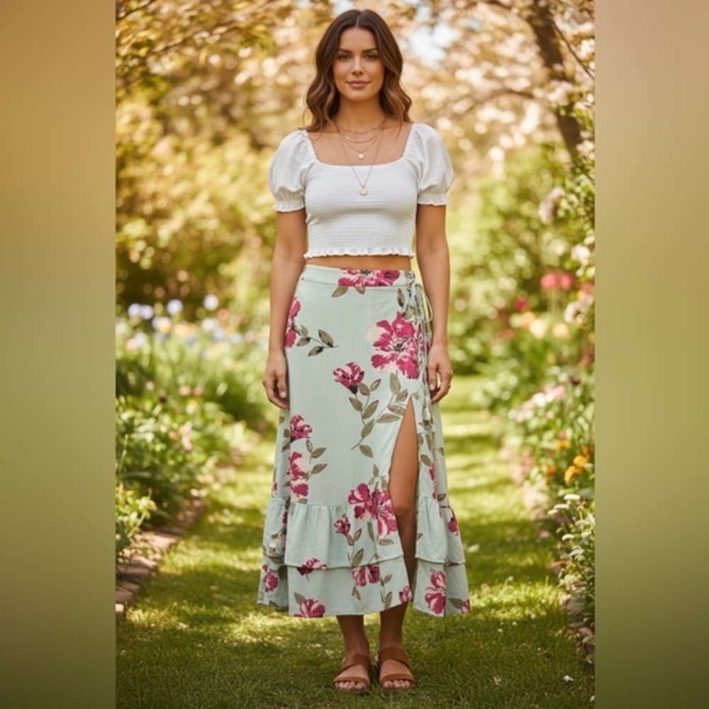 American Rag Cie Floral Midi Skirt w/ Front Split Size L | Hushed Green Combo